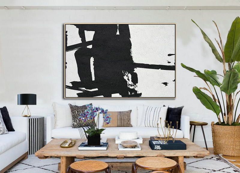 Large Colorful Wall Art,Horizontal Minimal Painting On Canvas, Black, White, Grey - Textured Painting Canvas Art